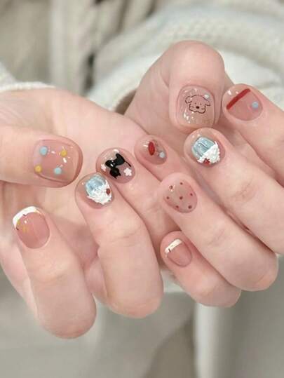 Square Short Sweet Girl Style Nails, With Soft Pink Base, Decorated With Colorful Polka Dots, Cute Animals And Cake Patterns, Suitable For Hanging Out With Friends, Shopping Or Birthday Parties, Showing A Playful, Lively And Cute Vibe, Square Press-On Nails, Short Manicure, Nail Stickers, Nail Accessories, Nail Decorations, Nail Supplies, Short False Nails