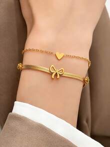 2 piezas Elegante pulsera de acero inoxidable de doble capa con lazo, accesorio minimalista y versátil para mujeres, adecuado para uso diario y fiestas, un gran regalo para amigos - Amarillo Oro - Ver 5