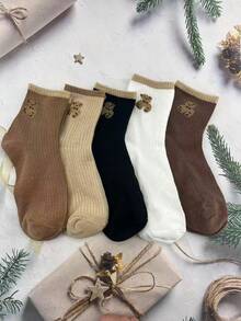 6 pares de calcetines hasta la rodilla con estampado de oso, unisex para otoño/invierno - Multicolor - Ver 10