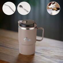 304不鏽鋼保溫咖啡杯 500ML，保溫保冷，內建茶濾器，附折疊湯匙與吸管，防漏杯蓋，適合辦公室，情人節、母親節、聖誕節禮物，優雅飲具，耐用水杯，咖啡吧配件 - 黑色+咖色+米色+銀色 - 查看 9