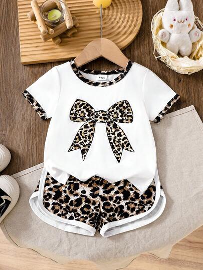 Baby Girl 2pcs Set White Leopard Print Bow T-Shirt + Leopard Print Sports Shorts, Leopard Trim On Sleeve Cuffs And Neckline