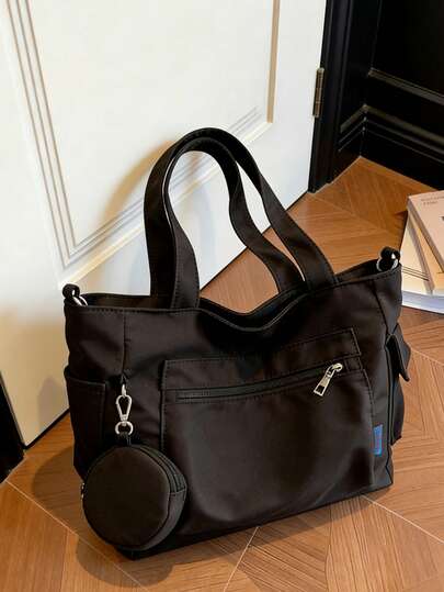 Este bolso de lona de gran capacidad de unicolor, de moda y clásico, presenta un diseño de bolsillo y se puede llevar al hombro o a mano. Este bolso de lona casual con estilo universitario está diseñado especialmente para mujeres y es muy adecuado para viajes, compras, deportes y actividades al aire libre.