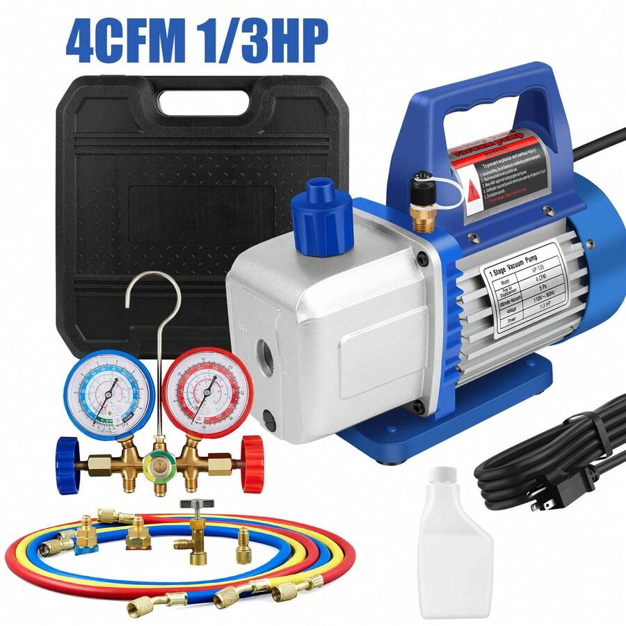 4 CFM 1/3HP Vacuum Pump HVAC Manifold Gauge Set AC A/C Refrigeration Kit US - Combo Air Vacuum Pump - View 1