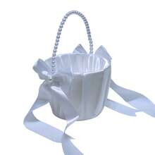White Cute Pearl Handle Bow Satin Flower Girl Basket, Suitable For Wedding Ceremony - Flower Basket - View 5