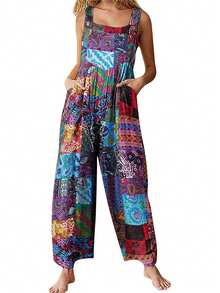 Bohemian Women's Loose Floral Bib Overall Jumpsuit With Pockets Patchwork Wide Leg Adjustable Strap Beach Vacation Outfits Summer - 藍色 - 查看 2