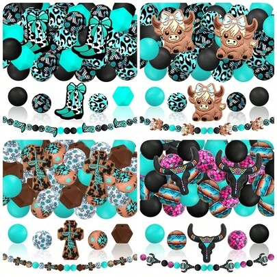 25pcs Silicone Bead Set, Bowknot, Cowboy Boot, Leopard Print, Cross, Turquoise Cowboy Style, Suitable For Jewelry Making Beads, DIY Bracelets, Lanyards, Beaded Pens, Holiday Decorations And Other Handicrafts, Holiday Gifts, Birthday Gifts