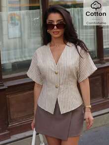 Women's Casual Office Elegant Beige Striped Cotton Blend V-Neck Short Sleeve Button Front Shirt - Khaki - View 2