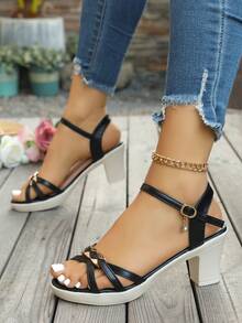 1 Pair Women's Summer New Fashion Crystal Pendant One-Strap Comfortable Soft-Sole High Heel Sandals, Minimalist Style Suitable For Casual, Work, And Solid Color Wedding Heels - Black - View 3