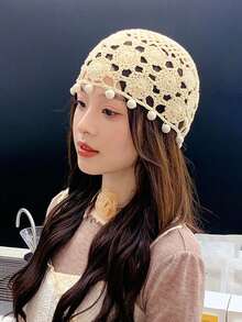 1pc Summer Breathable Boho Handmade Crochet Floral Tassel Headband, Hollow Out Versatile Hat - A - View 4
