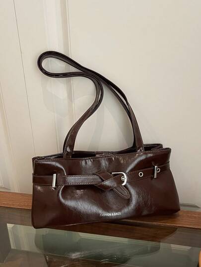 2026 New Glossy Leather Baguette Bag For Women, Leather Shoulder Bag With Belt Buckle Detail, Chic Rectangular Silhouette With, Durable Shiny Leather Texture, Compact Interior Fits Phone, Wallet, Lipstick And Small Essentials, Perfect For Office Commute, Date Nights, Weekend Getaways, Shopping And Daily Use