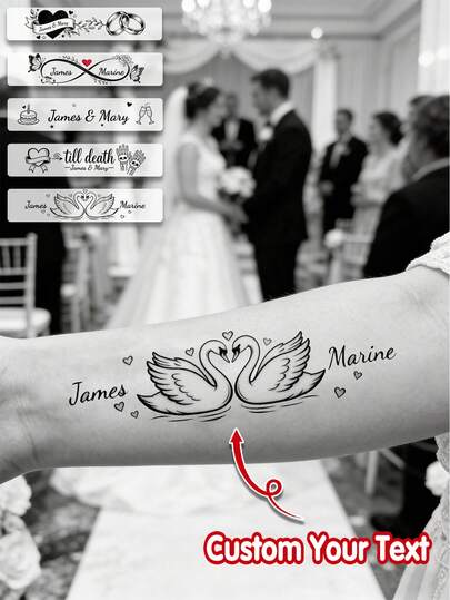1pc/5pcs/10pcs/50pcs/100pcs Customized Temporary Tattoo Stickers For Wedding, Wedding Favors, Guest Portrait Tattoos, Wedding Tattoos, Customized Name Tattoos, Suitable For Wedding Anniversary, Mother's Day, Unique Gifts For Loved Ones, Wedding Decorations, Custom Favors, Bachelor/Bachelorette Parties, Valentine's Day Gifts, Wedding Gifts, Wedding Accessories, Bridesmaid Gifts, Christmas Gifts, Christmas Decorations, Thanksgiving Gifts, New Year Gifts, Party Decorations For Friends Or Parents