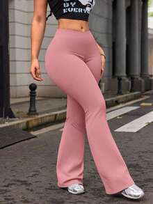 Women's High Waist Solid Color Flare Yoga Leggings, Workout Running Fitness Pants Black Spring - Hồng - Xem 4