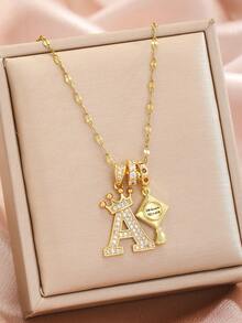 1pc Personality Stylish Graduation Cap Tassel & Crown Initial Letter Pendant Stainless Steel Chain Necklace For Classmates Friends Kids Boys Girls Son Daughter Sister Brother Graduation Season Gift As A Souvenir Collectible - Gold - View 4