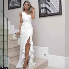 Women's Summer Ruffled Hem Floor Length Evening Dress Large Slit Solid Color  Elegant Party Cocktail Dress - 紅色 - 查看 4