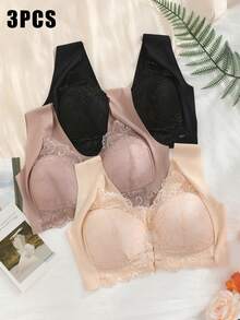 Sujetador cómodo inalámbrico con botones frontales de retazos de encaje para mujer de 6 piezas, sujetador moldeador sin aros de goma, soporte medio, encaje delicado, varios colores y varias piezas en un conjunto - Multicolor - Ver 21