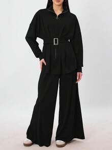 女士时尚优雅休闲套装 - 拉链修身长袖上衣和高腰阔腿裤两件套，配腰带，春季黑色 - 黑色 - 查看 2