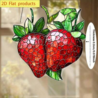 2D平面草莓造型阳光捕捉器，可作装饰壁挂，非常适合悬挂在窗户上，是送给妈妈、妻子、奶奶或任何女性的生日礼物，也可作厨房装饰、送给同事的礼物、节日礼物，是花园、门廊、办公室、家居的理想之选。