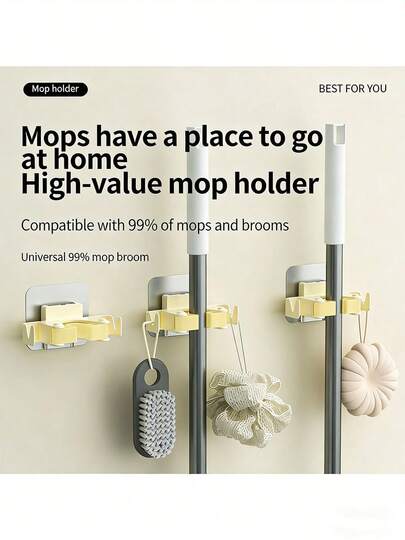 Wall Mounted Mop Holder, Can Hang Mop And Broom, Essential Bathroom Entrance Storage Item, No Drilling Required!