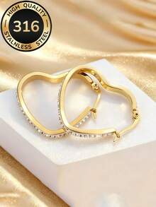 Light Luxury Exquisite Diamond-Encrusted Heart Hoop Earrings, Dazzling And Elegant Design, 316 Stainless Steel Jewelry, Lightweight Eye-Catching Accessories, Suitable For Women's High-Quality Low-Fading Minimalist Earrings For Commuting, Available In Gold And Silver, Perfect For Parties And Daily Wear, Ideal Gift Choice - Heart-shaped - View 9