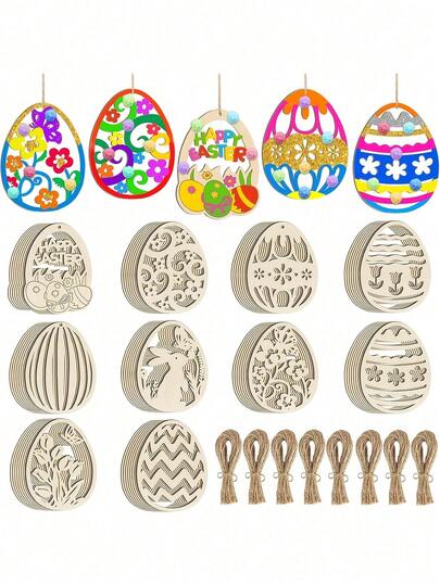 木制复活节兔子装饰彩蛋，空白木制复活节彩蛋，可用于DIY手工制作，包含绳子和木制配件，适合艺术创作、经典复活节装饰、节日挂饰或吊坠，增添节日气氛。