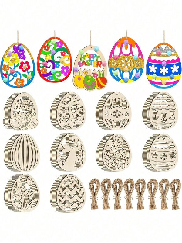 Wooden Easter Bunny Decorative Eggs, Blank Wooden Easter Eggs For DIY Crafts, Includes Rope And Wooden Parts, Suitable For Art Creation, Classic Easter Decor, Holiday Hanging Ornaments Or Pendants, Adding Festive Atmosphere