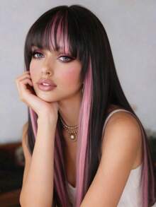 24 Inch Pink Ombre With Bangs Long Straight Synthetic Hair Wig, Natural Smooth Texture, Popular For Daily Wear And Music Festivals - Black - View 4