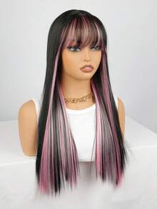 24 Inch Pink Ombre With Bangs Long Straight Synthetic Hair Wig, Natural Smooth Texture, Popular For Daily Wear And Music Festivals - Black - View 5