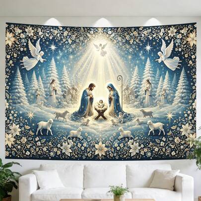 1 PIEZA Tapiz de la Escena de la Natividad para colgar en la pared - Con diseño de una Noche Santa con ángeles, luz de las estrellas, nieve y árboles; Adecuado para dormitorios, salas de estar, decoración navideña, arte de pared, murales y decoración del hogar - Tapiz de tela horizontal que representa la Escena de la Natividad.