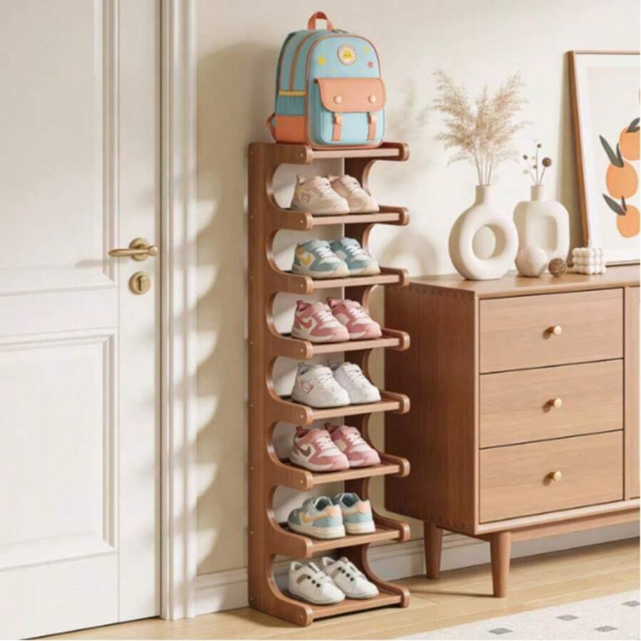 EZIFY Bamboo Shoe Rack (7-Tier, 30cm) | Space-Saving Narrow Wooden Shoe Storage - Easy To Assemble For Entryway/Dorm - 3 lớp - màu nâu - Xem 1