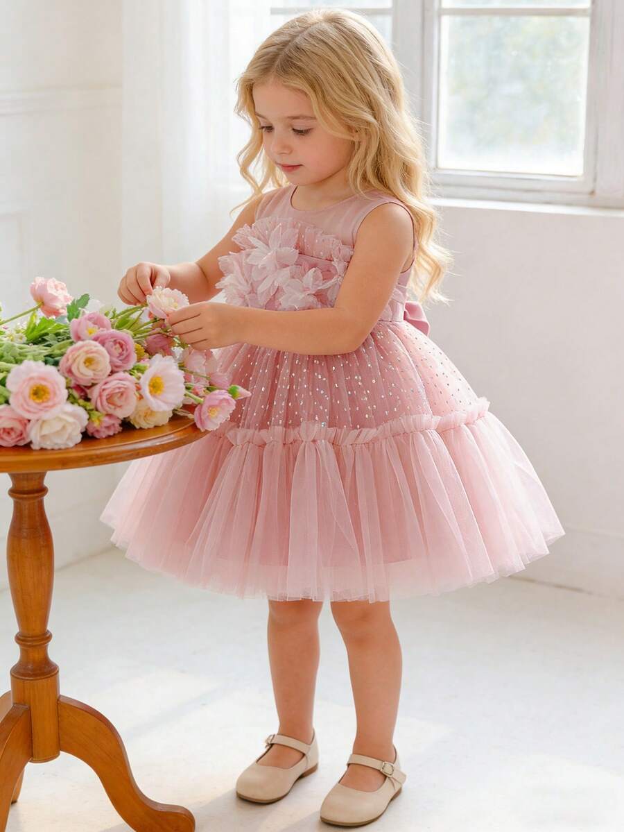 Young Girls Elegant Ruffle Mesh Floral Cake Dress, Suitable For School Dances, Birthday Parties - Pink - View 1