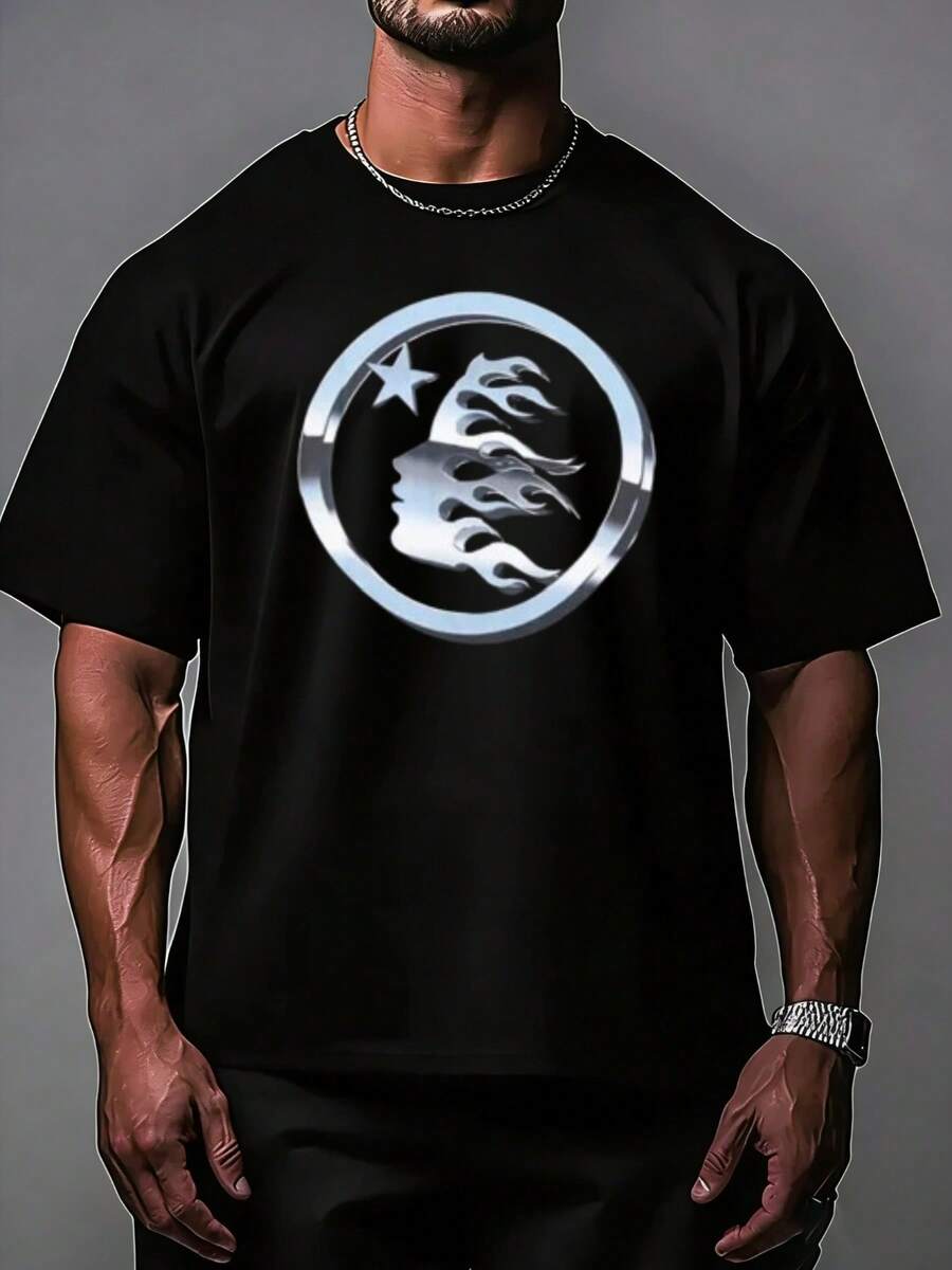 Hellstars Vintage Flame Head Star Y2K Graphic T-Shirt,220g 100% Cotton,Round Neck Short Sleeve,Black Streetwear Essential For Summer Going Out,Unisex Style - Black - View 1