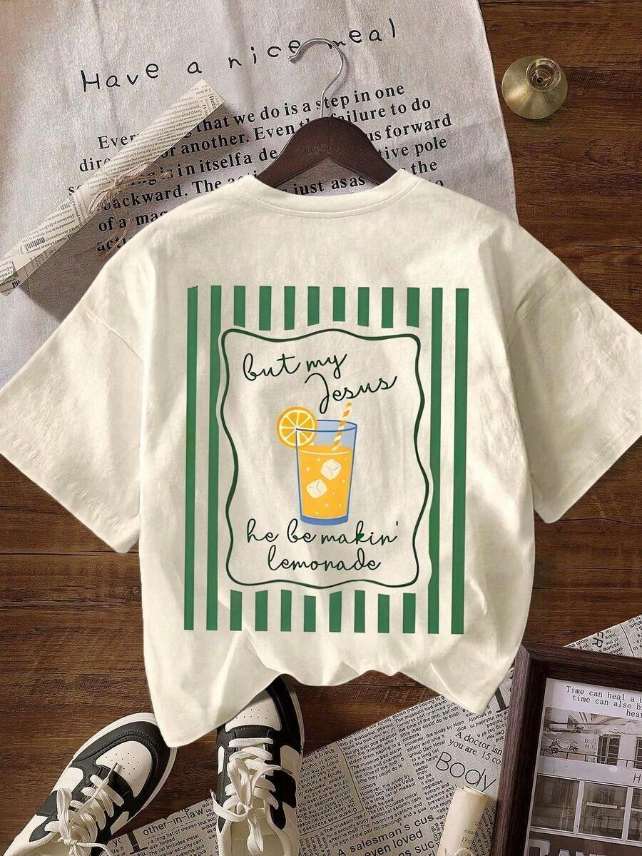 Jesus Making Lemonade Graphic T-Shirt, Women Casual Loose Fit Round Neck Short Sleeve T-Shirt, Plus Size Summer Comfortable Cotton T-Shirt - Màu be - Xem 1