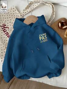Women's Blue Hooded Pullover Sweatshirt With Drawstring & Pockets, Long Drop Shoulder Sleeve, Casual Regular Fit, Warm Lined Knitted Fabric,Outdoor - Peacock Blue - View 2