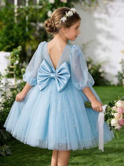 Young Girl Elegant Dress With Bow, Flower Girl Princess Dress Suitable For Wedding, Party, Birthday, Ball, Important Occasions