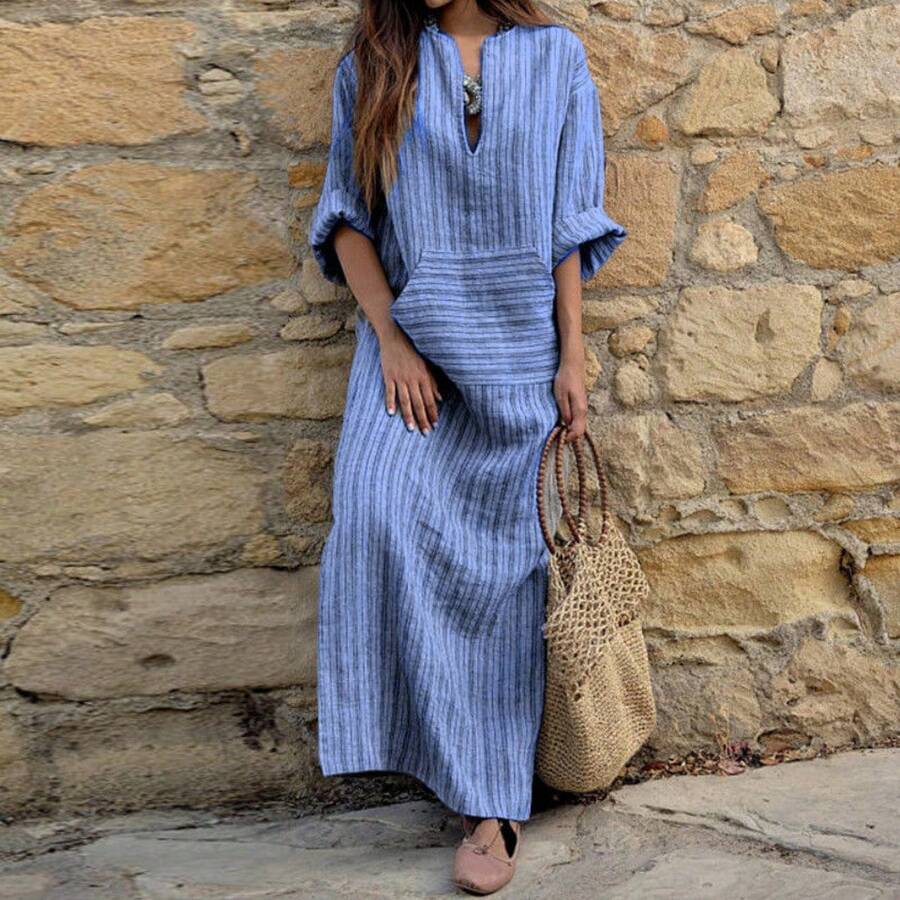 Popular European And American New Cotton Linen Striped Loose Fit Dress Women Summer Casual Vacation Beach Mini Dress 2024 New Arrival - 淺藍色 - 查看 1