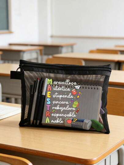 教师主题网眼袋，花卉图案，印有“Maestra”字样，透明网眼收纳袋，洗漱包，化妆品收纳袋，便携式洗漱用品整理袋，理想的教师礼物，旅行配件 | 励志设计，彩色字母印花趣味化妆包，返校节教师礼物，姐妹礼物，教师最佳礼物，生日礼物，周年纪念礼物，毕业礼物，创意教师礼物。