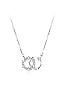 1pc 925 Sterling Silver Double Circle Pendant Necklace Suitable, Girlfriend Jewelry Gift, Wedding Necklace, Fashion Exquisite Gift - Silver - View 1