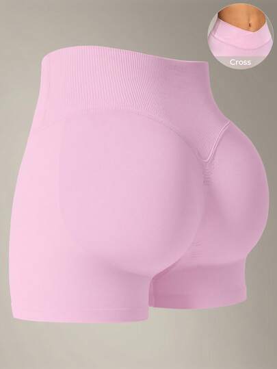 VVX Women's Crossed Wasit Yoga Shorts Solid Color High Waist Gym Shorts, Seamless High Stretch Yoga Gym Shorts, Ladies Sportswear For Indoor Outdoor Wear