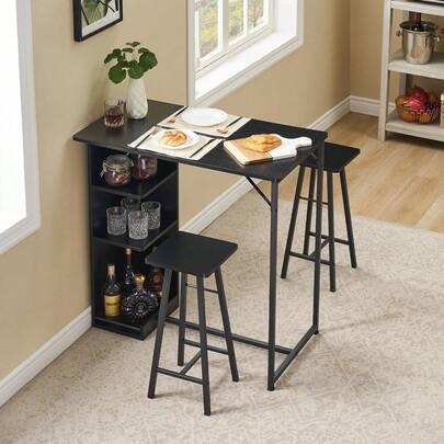 Mesa de bar pequeña 3 piezas y sillas con 3 estantes de almacenamiento, mesa comedor de cocina retro para 2, muebles de apartamento ahorro espacio con taburetes.