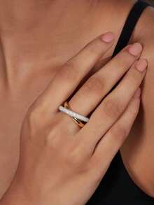 时尚双色黄色交叉圆圈情侣戒指，情人节珠宝礼物 - 黃色 - 查看 5