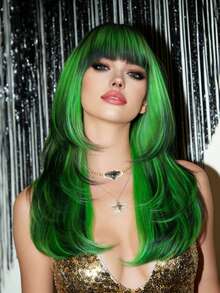 22 Inch Natural Long Wavy Green Hair Wigs Black Highlights With Bangs Synthetic Hair Replacement Wigs For Party Cosplay Festival Ready Use - Green - View 1