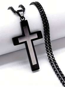 1件装男士叠戴十字架吊坠项链，银色、金色、黑色信仰吊坠套装，哥特朋克男士饰品，可叠戴街头风配饰 - 黑色+銀色 - 查看 2