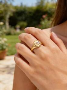 1 Pc Luxury Cubic Zirconia Heart Ring For Women Gold Color Round Ring Birthday Party Jewelry Mother's Day Gift - Gold - View 15