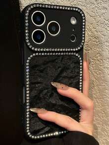 Luxury Silicone Sparkling Diamond Sequin Luxury Sparkling Crystal Rhinestone Satin Velvet Phone Case Compatible With IPhone 17 Pro, 17, 16 Pro Max, 16 Pro, 16, 15 Pro Max, 15 Pro, 15, 14 Pro Max, 14 Pro, 14, 13 Pro Max, 13 Pro, 13, Fashionable Matte Solid Color Soft Silicone Back Cover Gift Party - Black - View 3