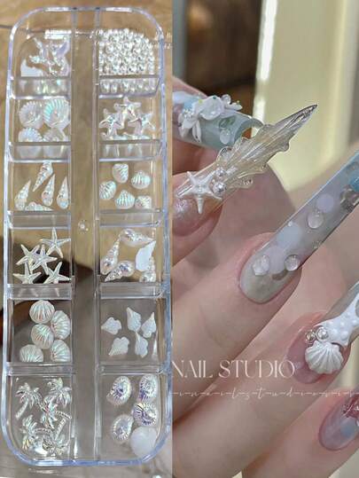 12格/盒 夏季海洋沙滩美甲装饰，3D树脂贝壳海星海螺珍珠棕榈树美甲饰品闪亮美人鱼美甲配件，亚克力美甲配件，适用于美甲、沙滩派对、DIY美甲沙龙用品