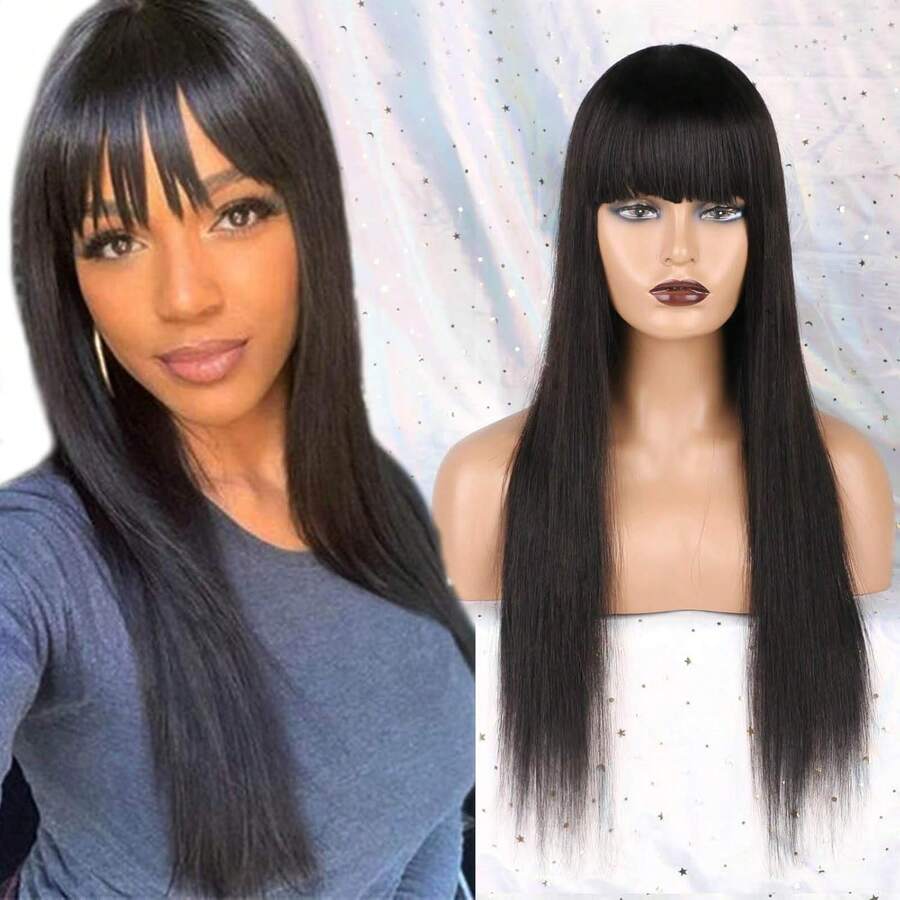 Straight Wig With Bangs Black Wigs For Women Bob Shoulder Length Wigs Heat Resistant Fiber Synthetic Hair Wigs Hair Replacement Natural Looking - Natural Black - 查看 1