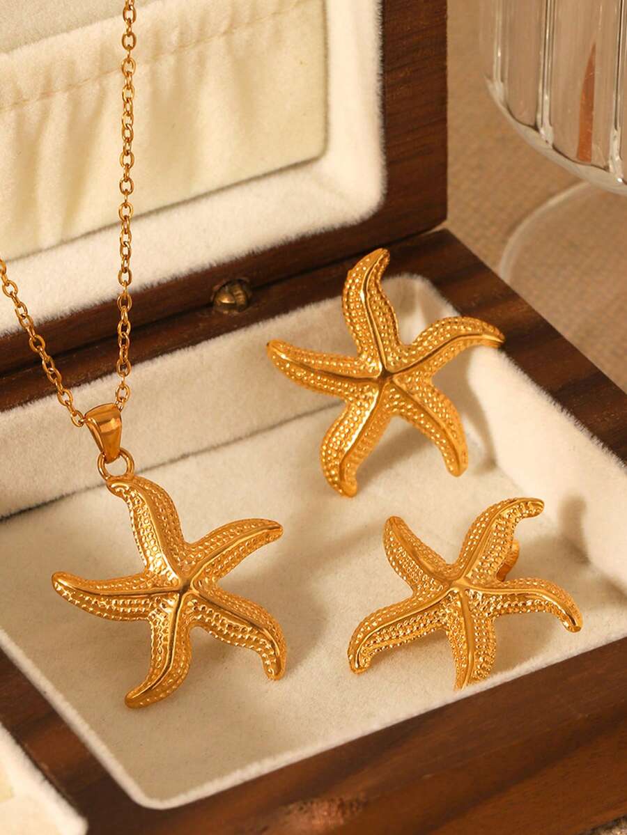 3件套不锈钢18K镀金海星项链耳环套装，女士时尚休闲海洋风，可叠戴，轻盈奢华，百搭日常配饰 - 彩色 - 查看 1