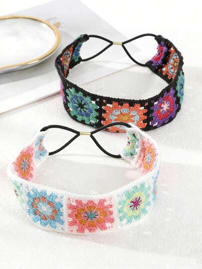 1件钩针编织镂空头巾，带弹力发绳，花朵图案，适合女孩拍照道具，女士防晒钩针发带，花朵图案