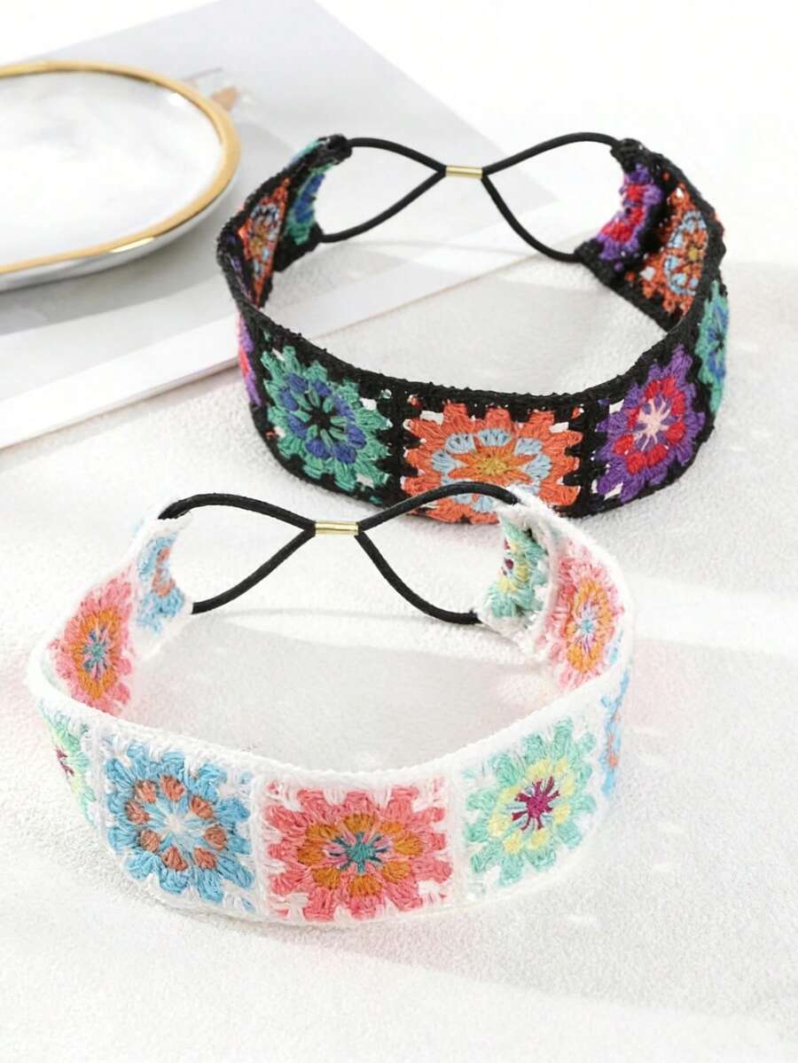 1 pieza Diadema de ganchillo hueca con flor y elástico, accesorio de fotografía para mujer, diadema de ganchillo con flor para protección solar, regalo del Día de la Madre, accesorios de verano para el cabello, bandana de playa para mujer - Multicolor - Ver 1