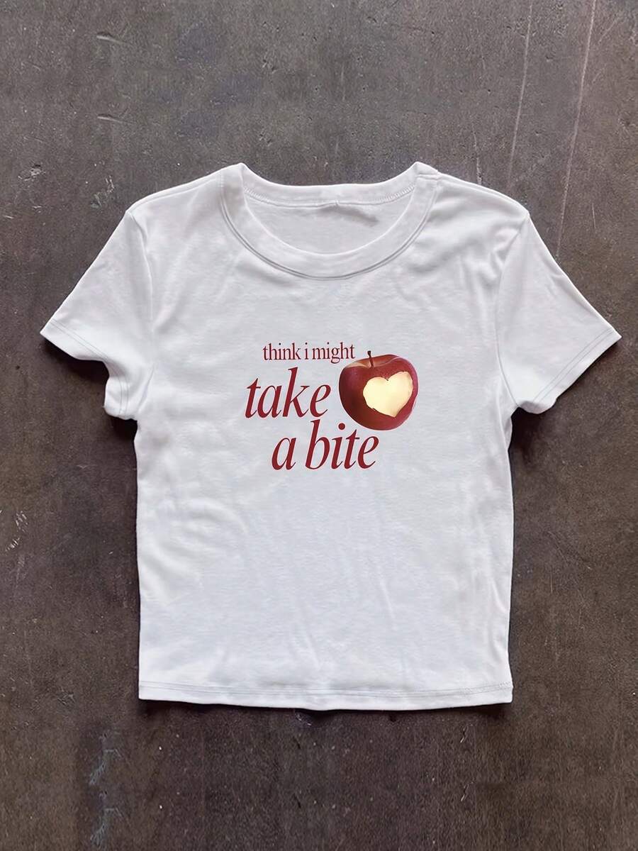 A Women'S Casual Top, American Retro, Minimalist Design, European And American Summer Hot, Lazy Y2K Street Style, Sweet, Cool, Casual, Personalized, Korean Style Ins Cartoon Creative Cute Funny Abstract Apple Heart "I Might Just Take A Bite" Letter - trắng - Xem 1